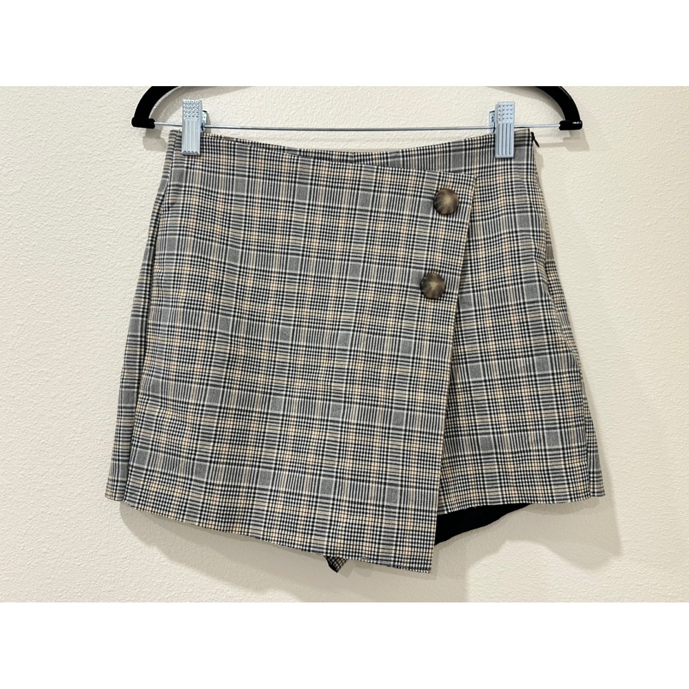 Zara Basic Womens XS Plaid Skort Glen Check Wrap Front Button Detail Neutral